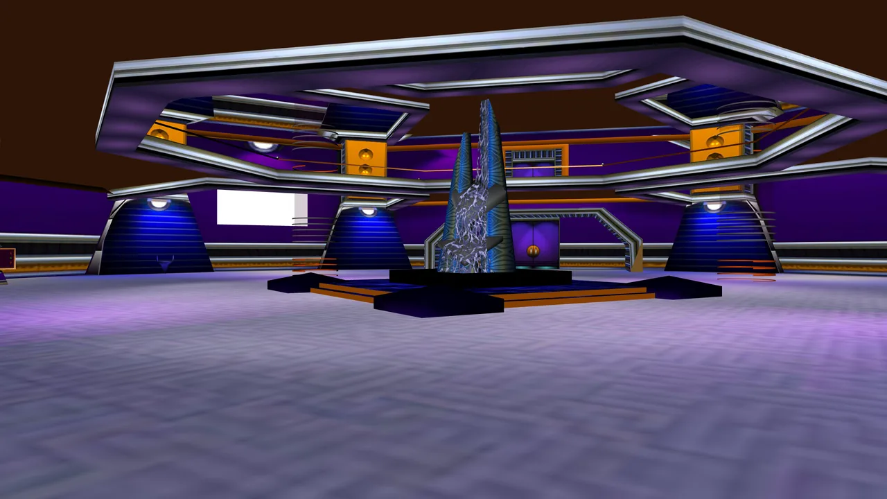 The Cybertown Mall atrium from floor level: a tall blue crystalline fountain
               on a dark plinth at the centre, a tiered violet and chrome ceiling carrying
               orange-lit fixtures above it, blue-lit pillar bases around the edge of the
               room, a railed stair to the upper level at the right, and a pale tiled floor.